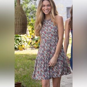 New Natural Life High Neck Tiered Mini Dress Floral Print Tie Back